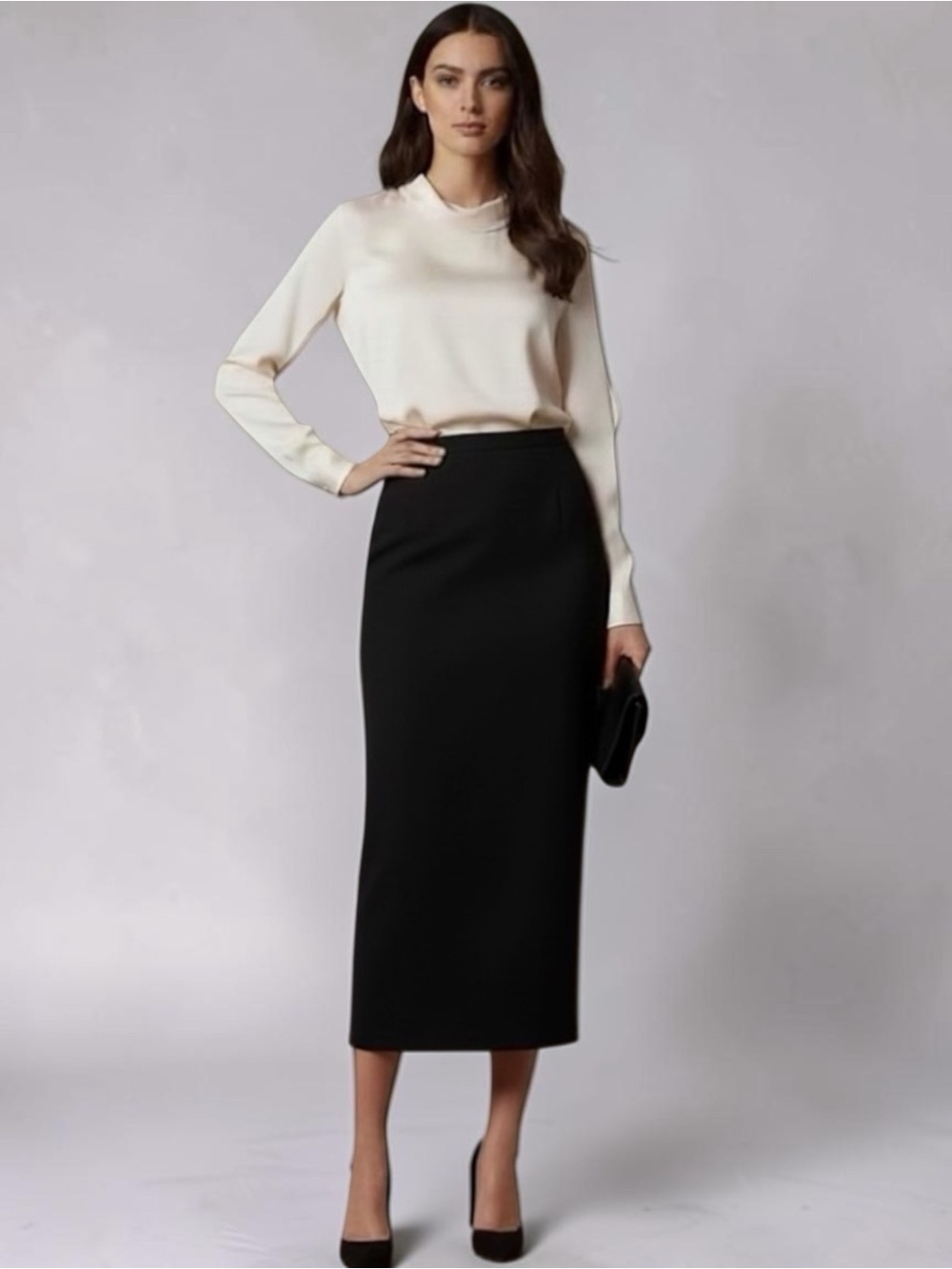 Vintage 90s Minimalist Black Knit Midi Pencil Skirt Quiet Luxury 14 Medium
